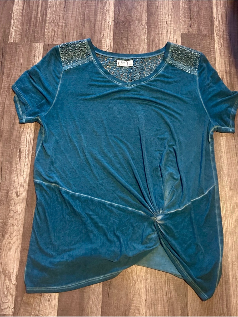 Maurices Teal Short-Sleeve Twist Front Top with Lace Shoulders